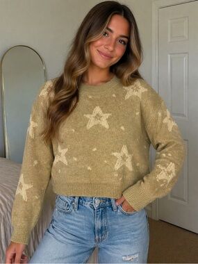Pink Lily Star Print Fuzzy Knit Sweater Small Beige Cream Cropped Soft Cozy